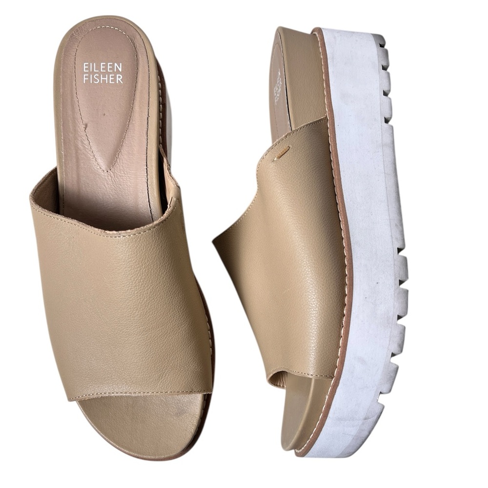 Eileen Fisher Tan / Brown Leather Platform Slip-On Sandals Women’s Size 10